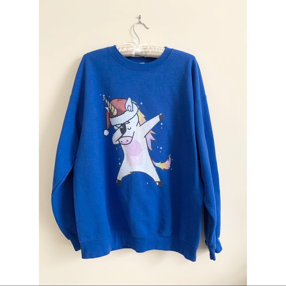 Dabbing Christmas Unicorn Blue Crew Sweatshirt